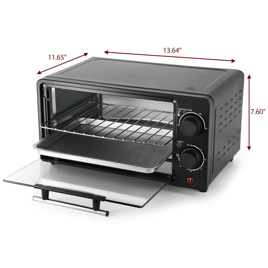 2-Slice Toaster Oven, 9.5 Qt, 800W with Bake, Broil, Toast and 30-Minute Timer, Matte Black, by MegaChef
