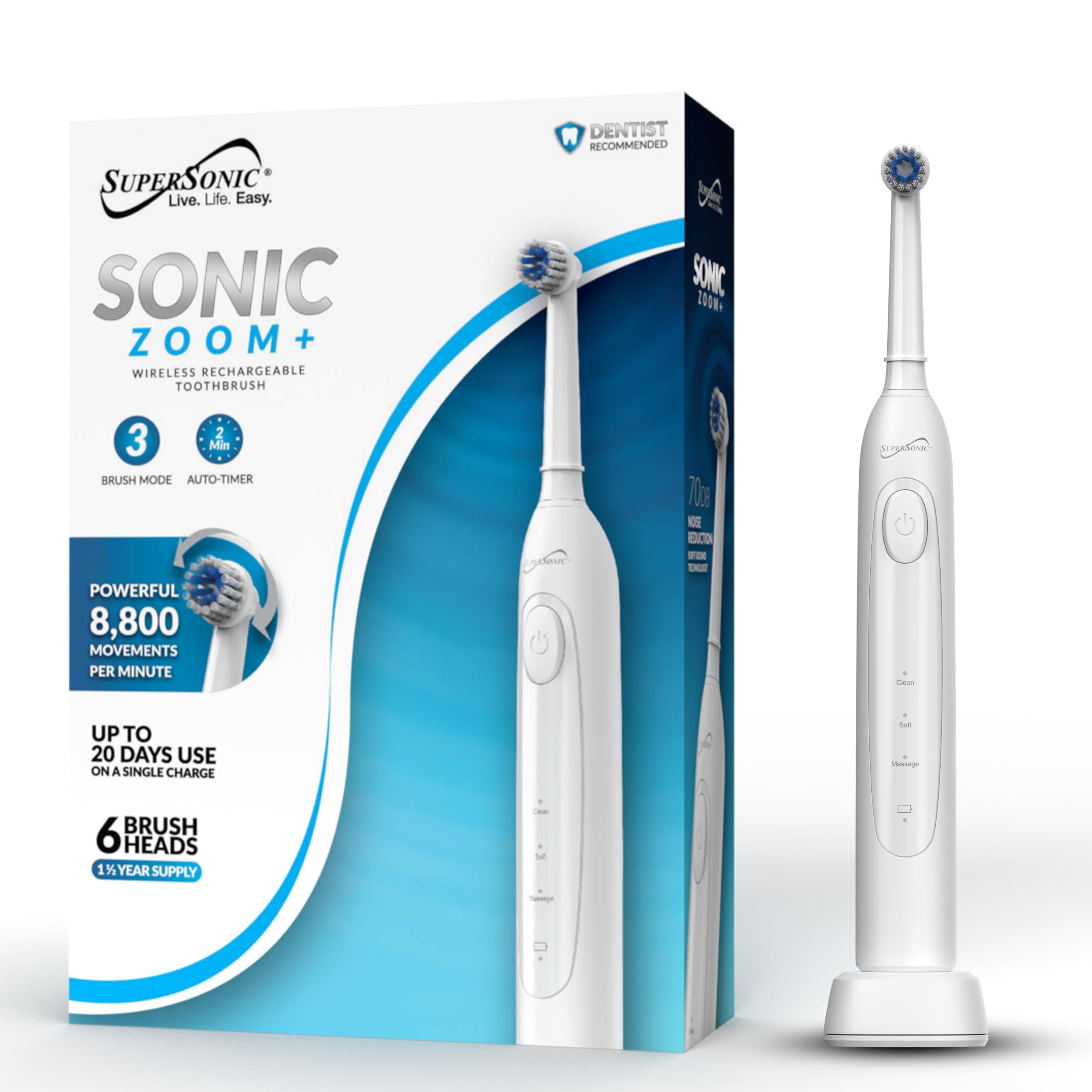 Supersonic Sonic Zoom+ Rechargeable Toothbrush with 6 Brush Heads, White