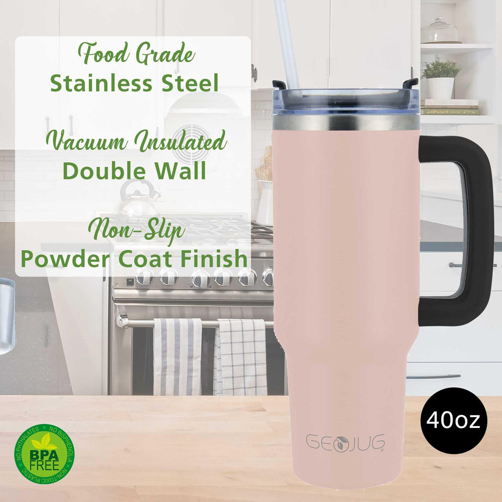 Brentwood GeoJug CMB-1200PK 40 oz Insulated Stainless Steel Tumbler with Handle, Lid and Straw - Pink