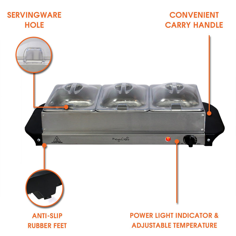 MegaChef Stainless Steel Electric Buffet Server and Food Warmer with 3 Sectional Trays