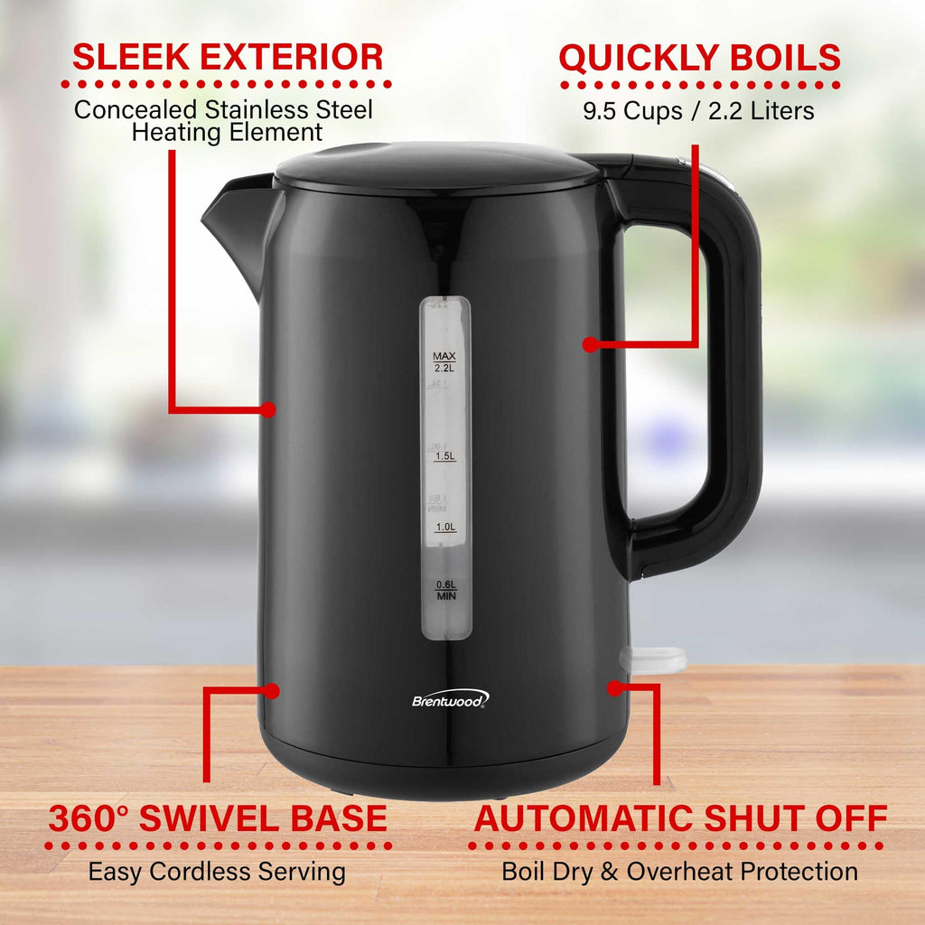 Brentwood KT-1622BK 2.2 L Cordless Electric Kettle with Auto Shut-Off, Black