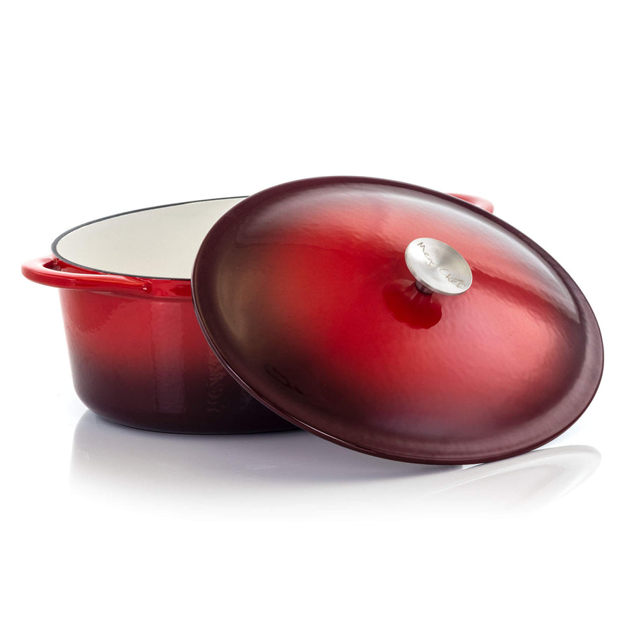 MegaChef 7 Quart Oval Enameled Cast Iron Casserole with Lid, Red