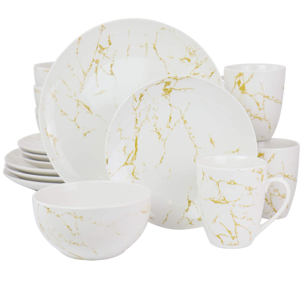 Elama Fine Marble 16-Piece Stoneware Dinnerware Set – Gold & White Marble Pattern with Glossy Glaze, 4 Plates, 4 Salad Plates, 4 Bowls & 4 Mugs (Service for 4)