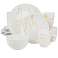 Elama Fine Marble 16-Piece Stoneware Dinnerware Set – Gold & White Marble Pattern with Glossy Glaze, 4 Plates, 4 Salad Plates, 4 Bowls & 4 Mugs (Service for 4)