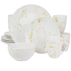 Elama Fine Marble 16-Piece Stoneware Dinnerware Set – Gold & White Marble Pattern with Glossy Glaze, 4 Plates, 4 Salad Plates, 4 Bowls & 4 Mugs (Service for 4)