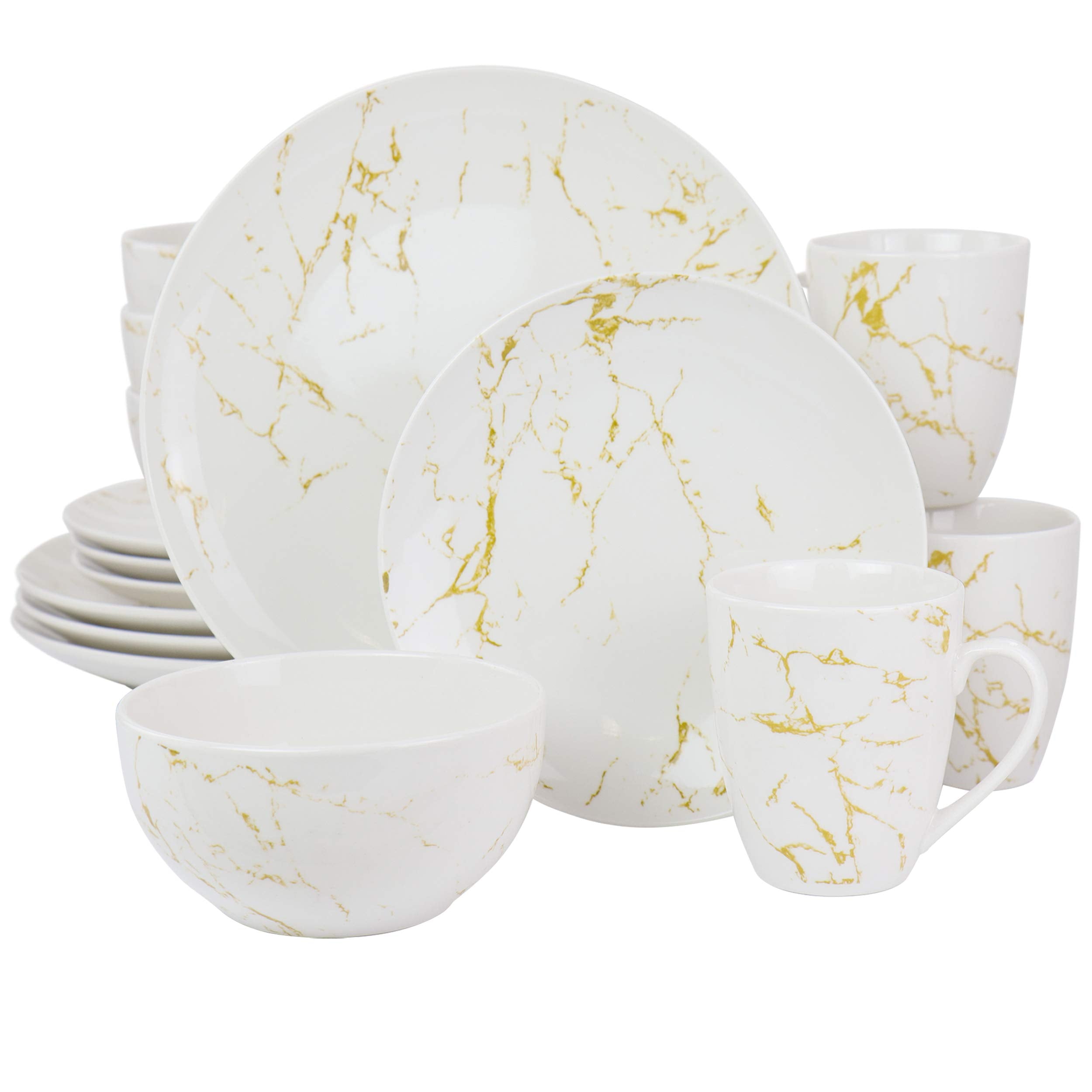 Elama Fine Marble 16-Piece Stoneware Dinnerware Set – Gold & White Marble Pattern with Glossy Glaze, 4 Plates, 4 Salad Plates, 4 Bowls & 4 Mugs (Service for 4)