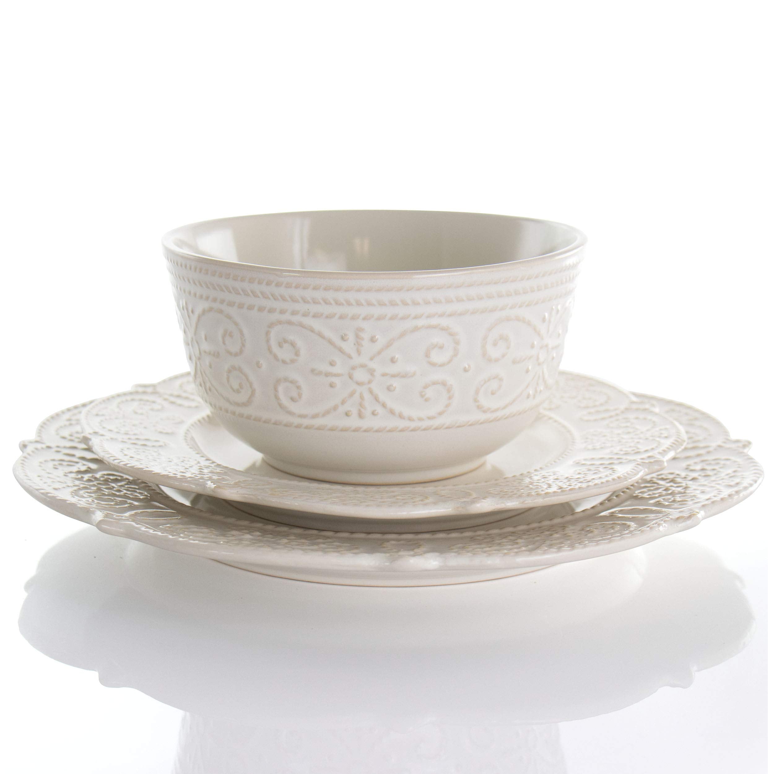 Elama Luna 16-Piece Embossed Scalloped Stoneware Dinnerware Set – White Service for 4