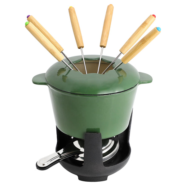 MegaChef Enameled Cast Iron Fondue Pot Set with 6 Forks, Green