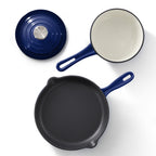 MegaChef 7-Piece Enameled Cast Iron Cookware Set in Blue — 5-Qt Dutch Oven, Skillet, Saucepan, Sauté & Lids, Induction-Compatible Heirloom Cookware