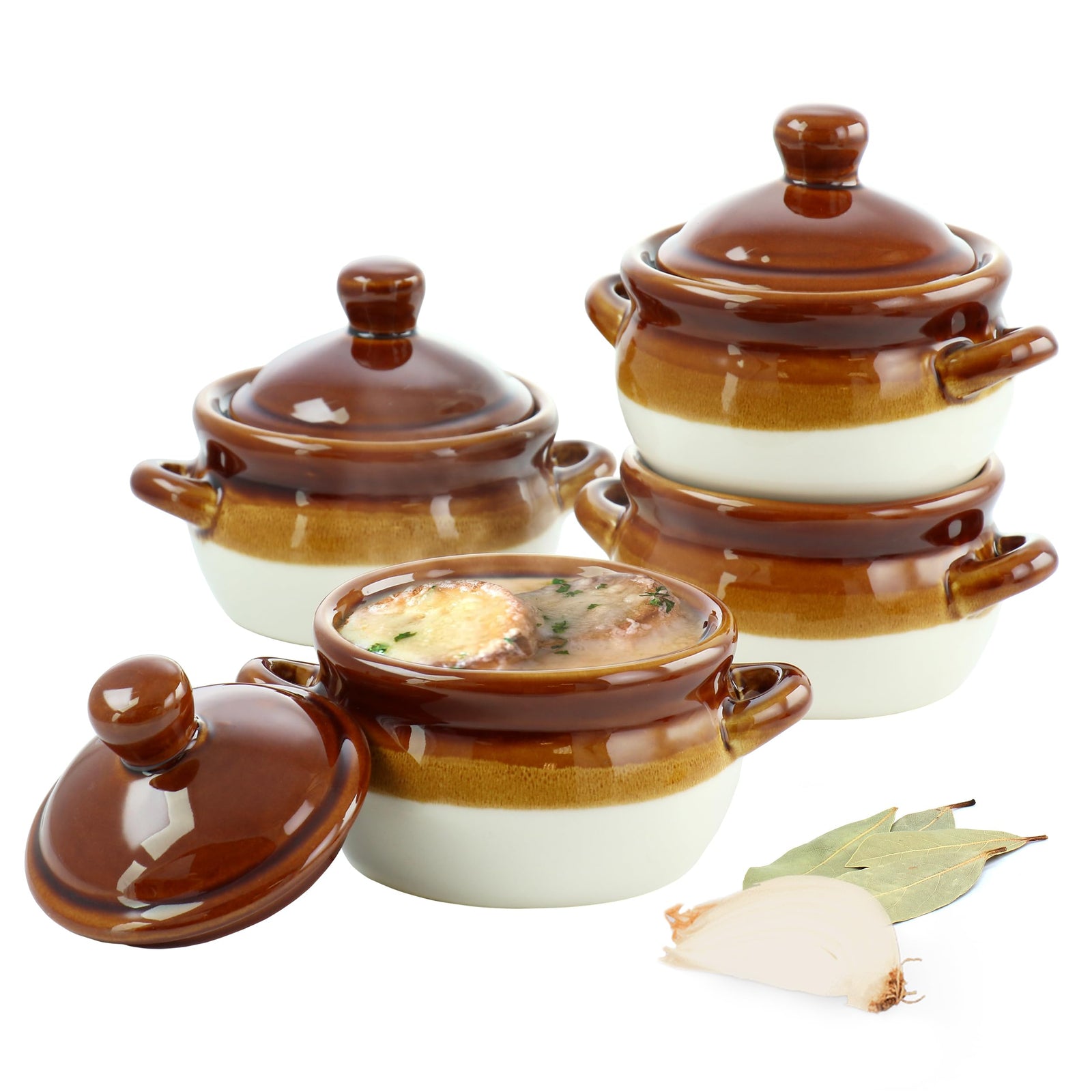 Elama 4-Piece Double-Handle 15 oz French Onion Soup Bowl Set with Lids, Glazed Stoneware, Oven Safe, Serves 4