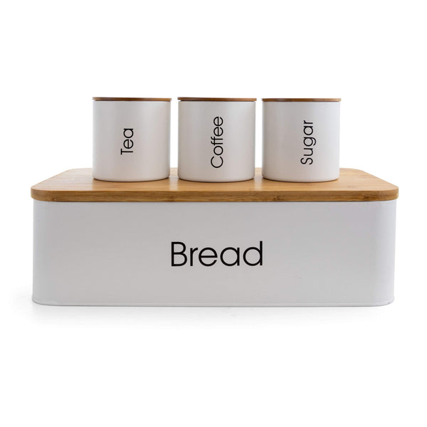Kitchen Canister Set with Bread Box, 4-Piece with Bamboo Lids, Matte White, by MegaChef