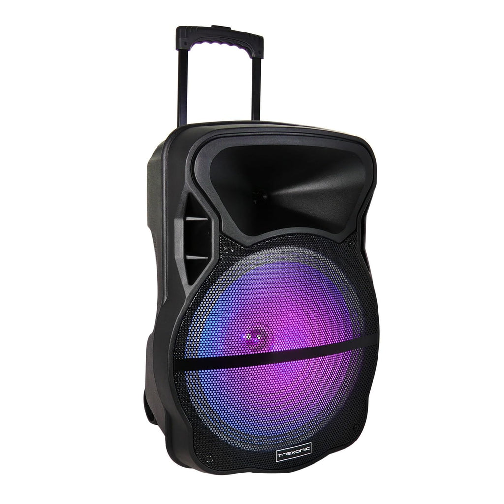 Trexonic TRX-15D 15" Bluetooth Party Speaker with Tripod Stand – Reactive LED Lights, Wireless Mic, FM Radio