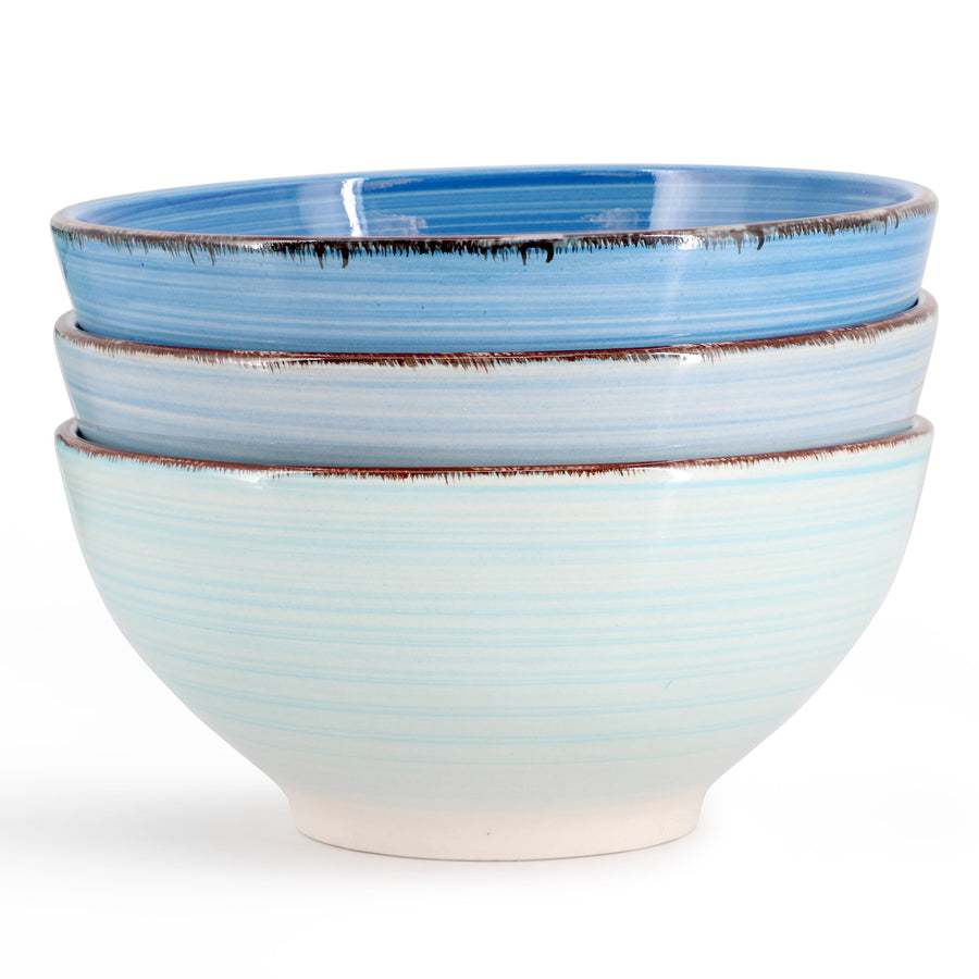 Elama Blue Ridge 6-Piece 6.25 in Round Stoneware Bowl Set, Assorted Blue and Teal, 20 oz, Striped Ridge Design, Microwave and Dishwasher Safe