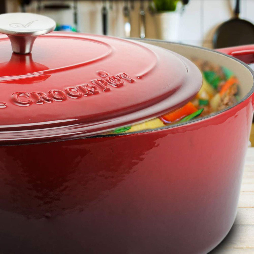 Crock-Pot Artisan 7-Quart Oval Enameled Cast Iron Dutch Oven – Scarlet Red, Self-Basting Lid, Oven Safe to 500°F