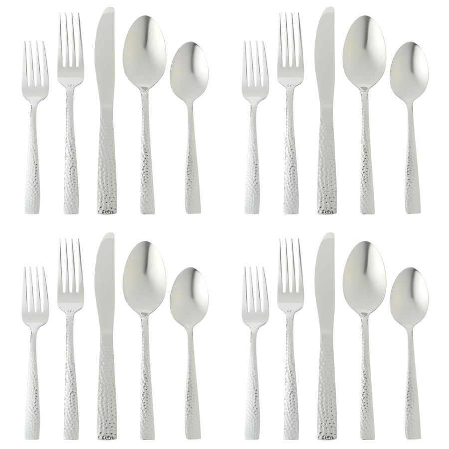 Gibson Home Hammered Stainless Steel Flatware Set, 20-Piece Service for 4, Mirror Polished, Royal Brighton