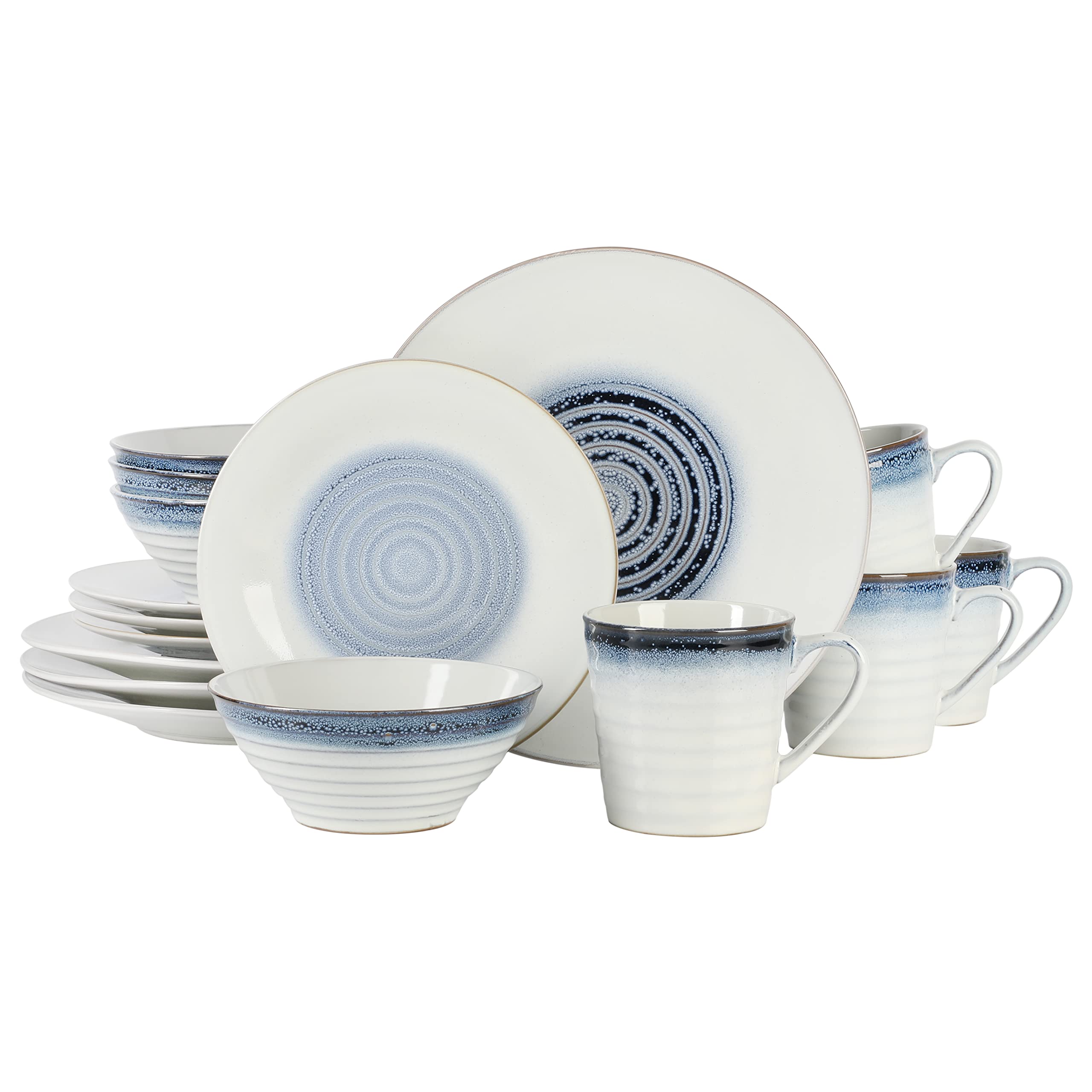 Gibson Elite Spiral Reactive 16-Pc Dinnerware Set – Blue Embossed Stoneware Service for 4, Microwave & Dishwasher Safe