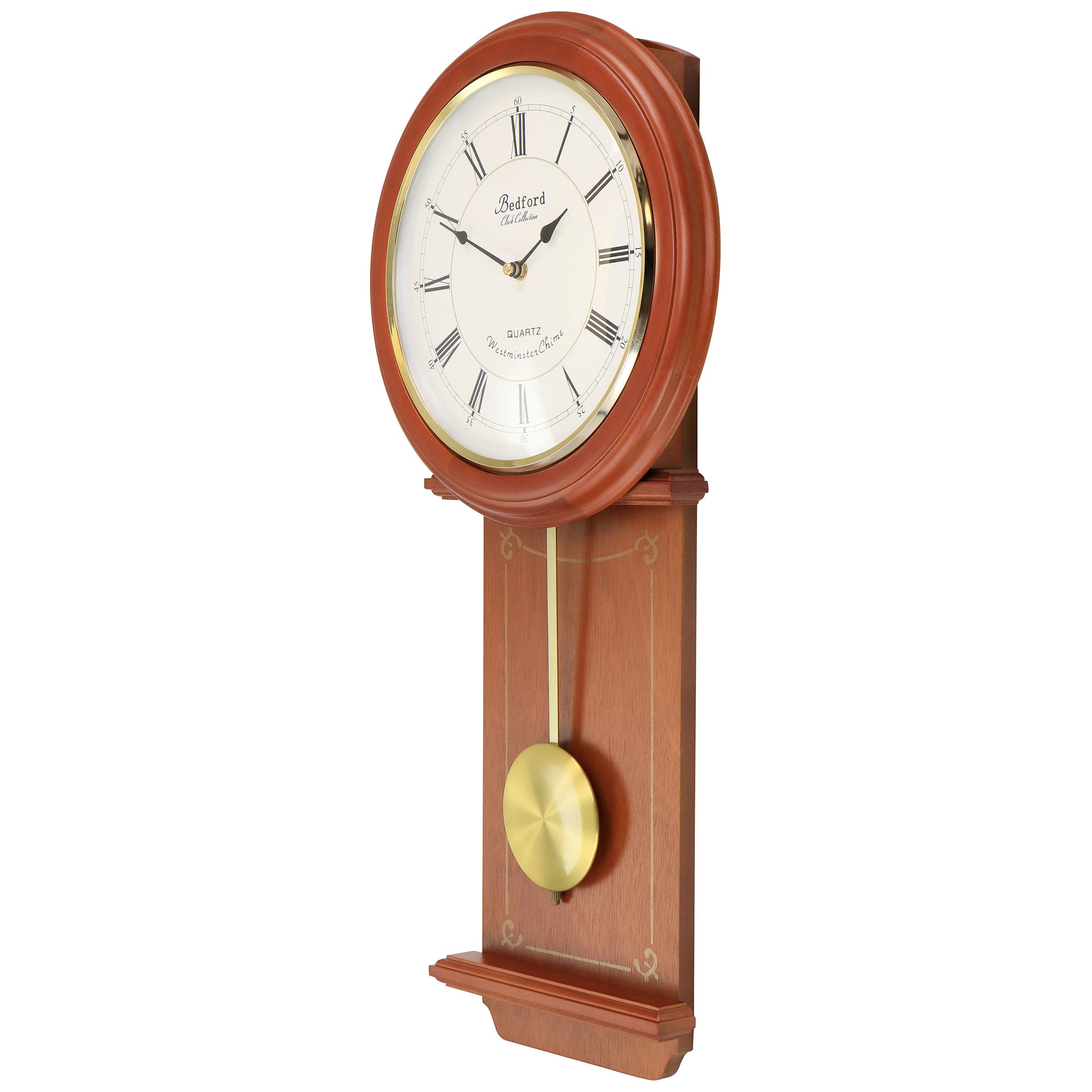 Bedford Clock Collection Olivia 24.5" Cherry Wood Chiming Pendulum Wall Clock — Quartz Westminster Heirloom Wall Clock for Living Room, Dining Room & Foyer
