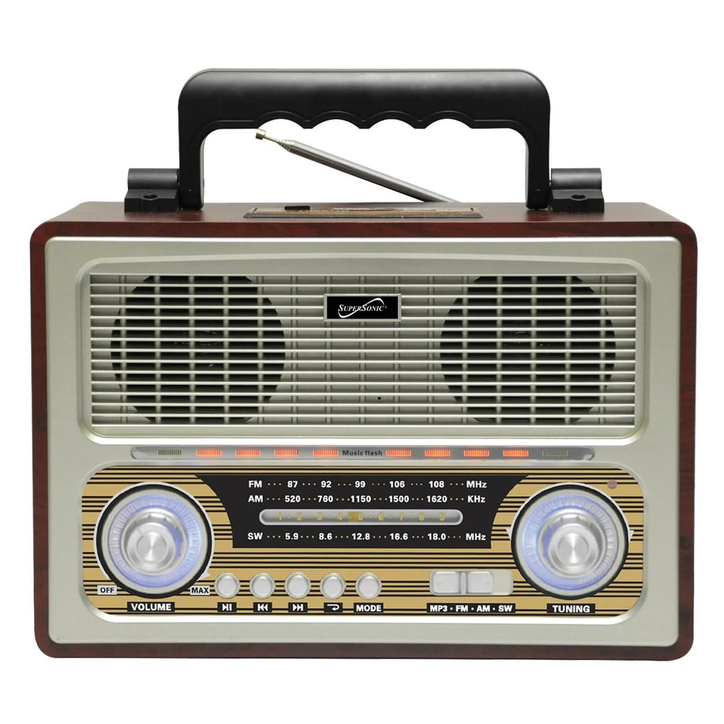 SuperSonic SC-1198BT Retro Multi-Function Bluetooth Speaker with AM/FM/SW Radio - Rechargeable, USB, SD, Micro SD