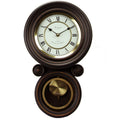 Bedford Clock Collection Contemporary Round Wall Clock with Pendulum – Black Oak & Gold Roman Numeral