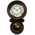 Bedford Clock Collection Contemporary Round Wall Clock with Pendulum – Black Oak & Gold Roman Numeral