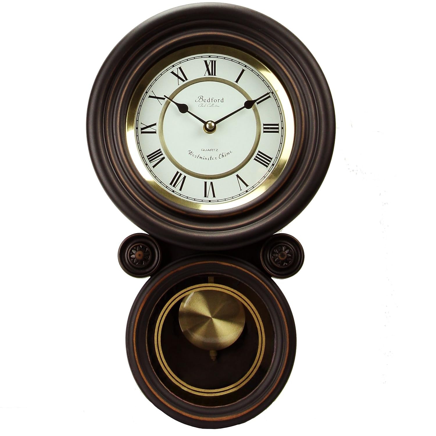 Bedford Clock Collection Contemporary Round Wall Clock with Pendulum – Black Oak & Gold Roman Numeral
