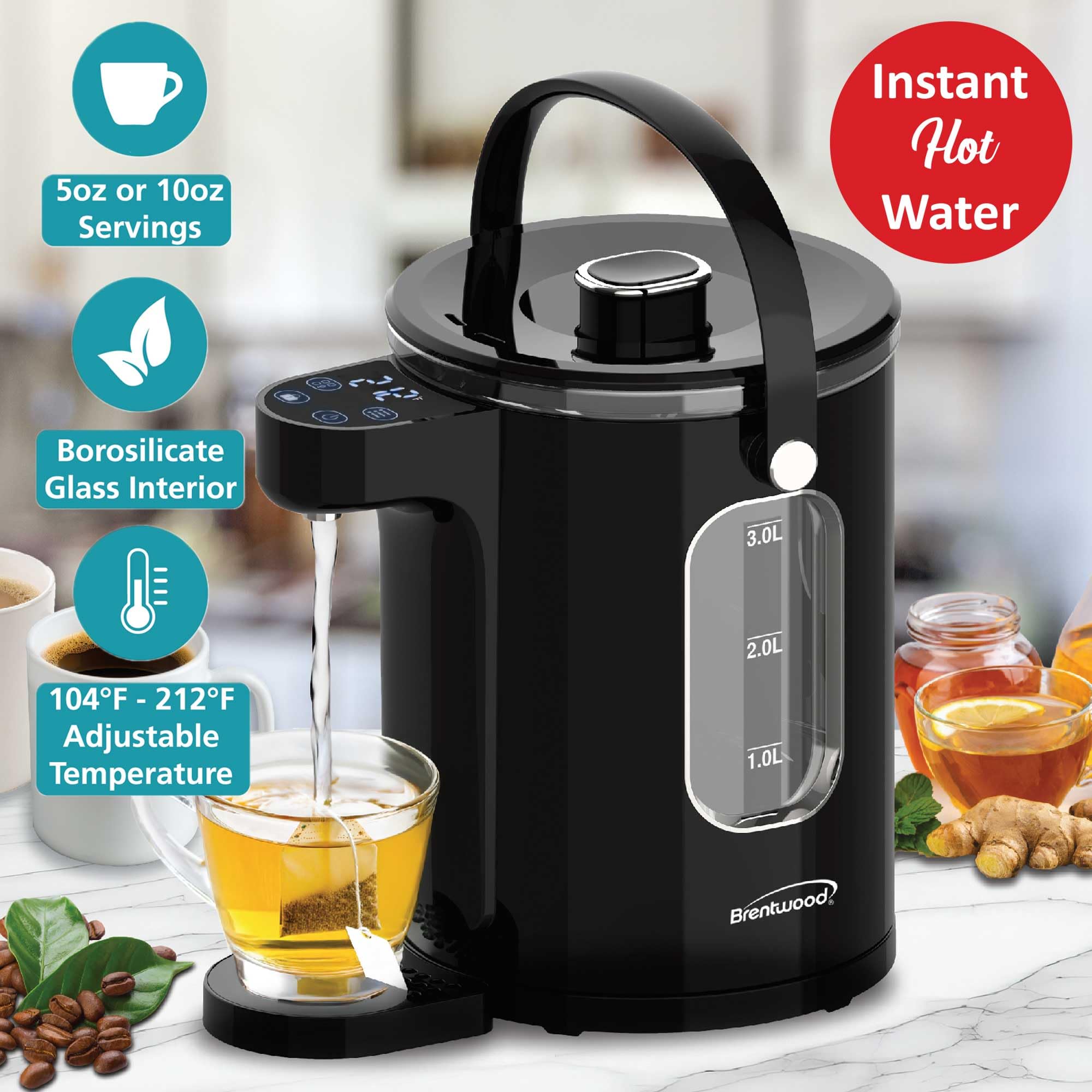 Brentwood KT-2230DBK 3L 1100W Digital Glass Instant Hot Water Dispenser with Tea Infuser - Black