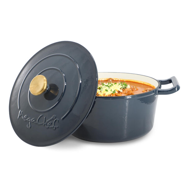 Enameled Cast Iron Casserole Dish with Self-Basting Lid, 5.3 Qt Round, Gradient Dark Blue, by MegaChef