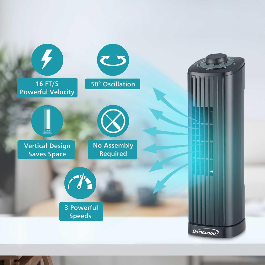 Brentwood 14-Inch 3-Speed Oscillating Portable Tower Fan, Black
