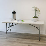 6 Ft Plastic Folding Table, White with Steel Legs and Carry Handle, by Elama
