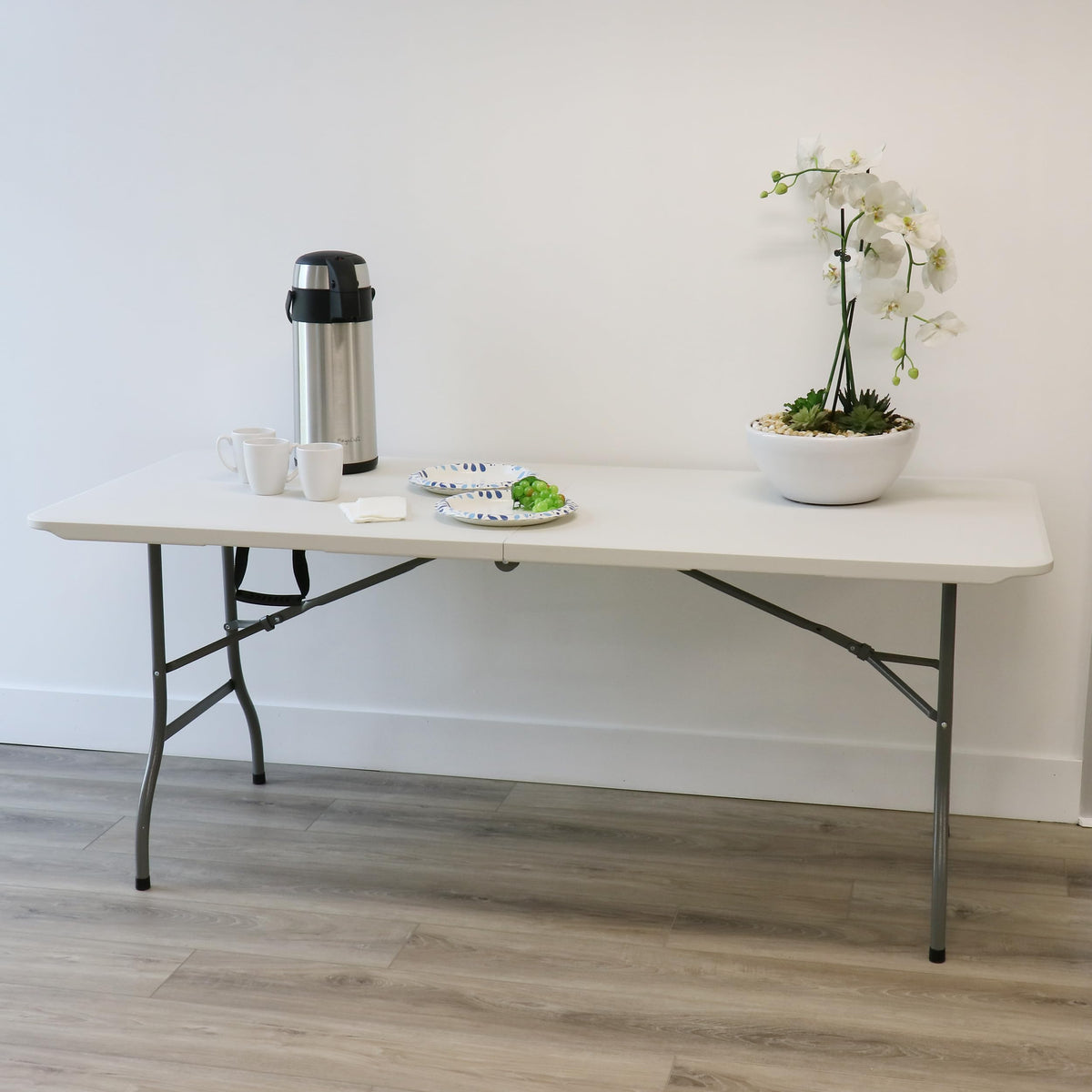 6 Ft Plastic Folding Table, White with Steel Legs and Carry Handle, by Elama