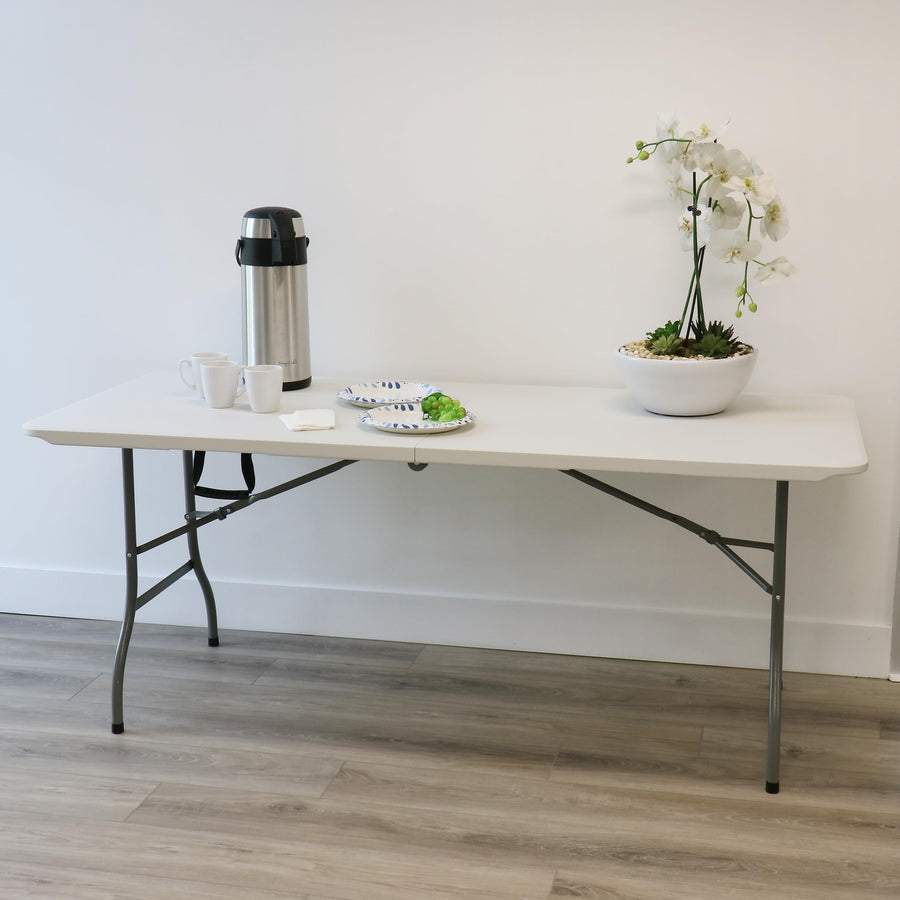 6 Ft Plastic Folding Table, White with Steel Legs and Carry Handle, by Elama