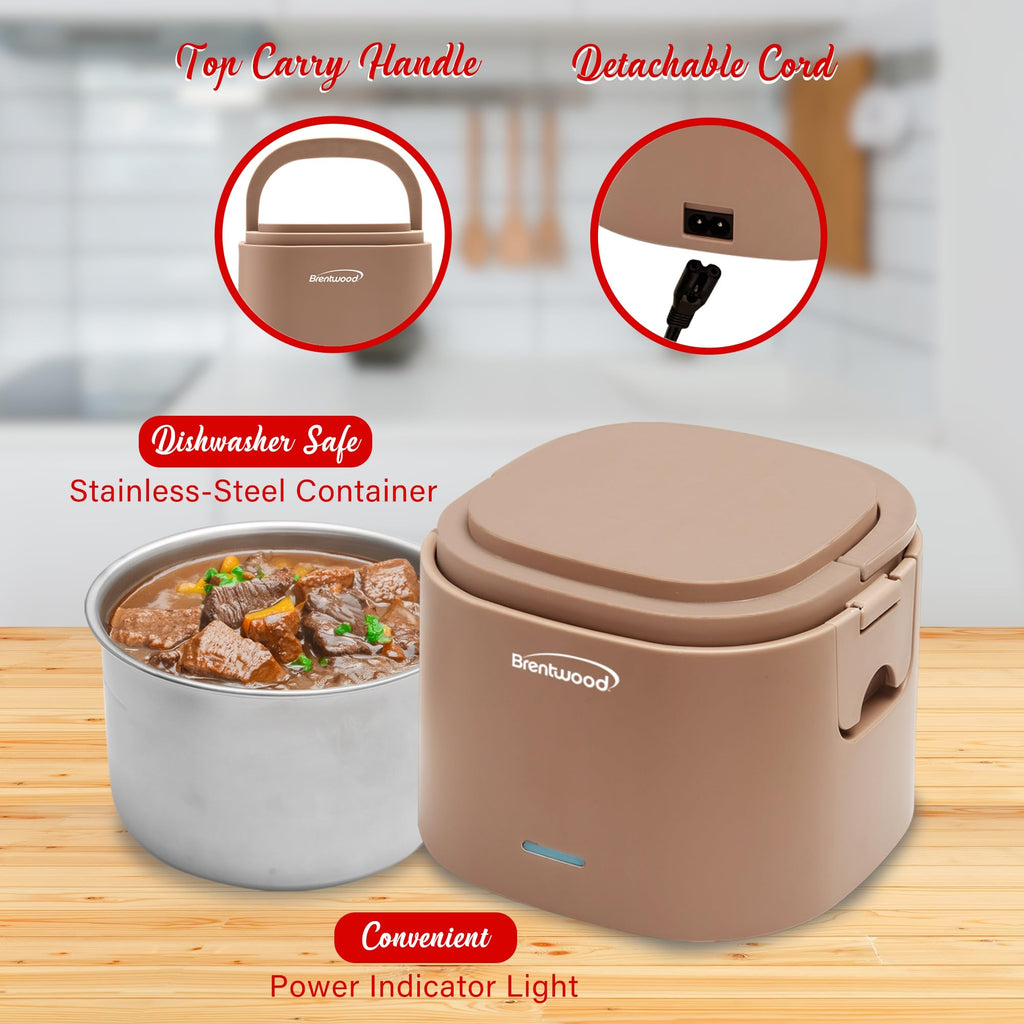 Brentwood ELB-600PK 0.6L Portable Leakproof Electric Lunch Box - Pink, 50W Food Warmer with Stainless Steel Container