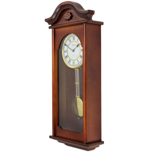 Bedford Clock Collection Jacob 22.75" Mahogany Chiming Pendulum Wall Clock – Quartz Westminster Chimes with Swinging Pendulum & Roman Numeral Dial