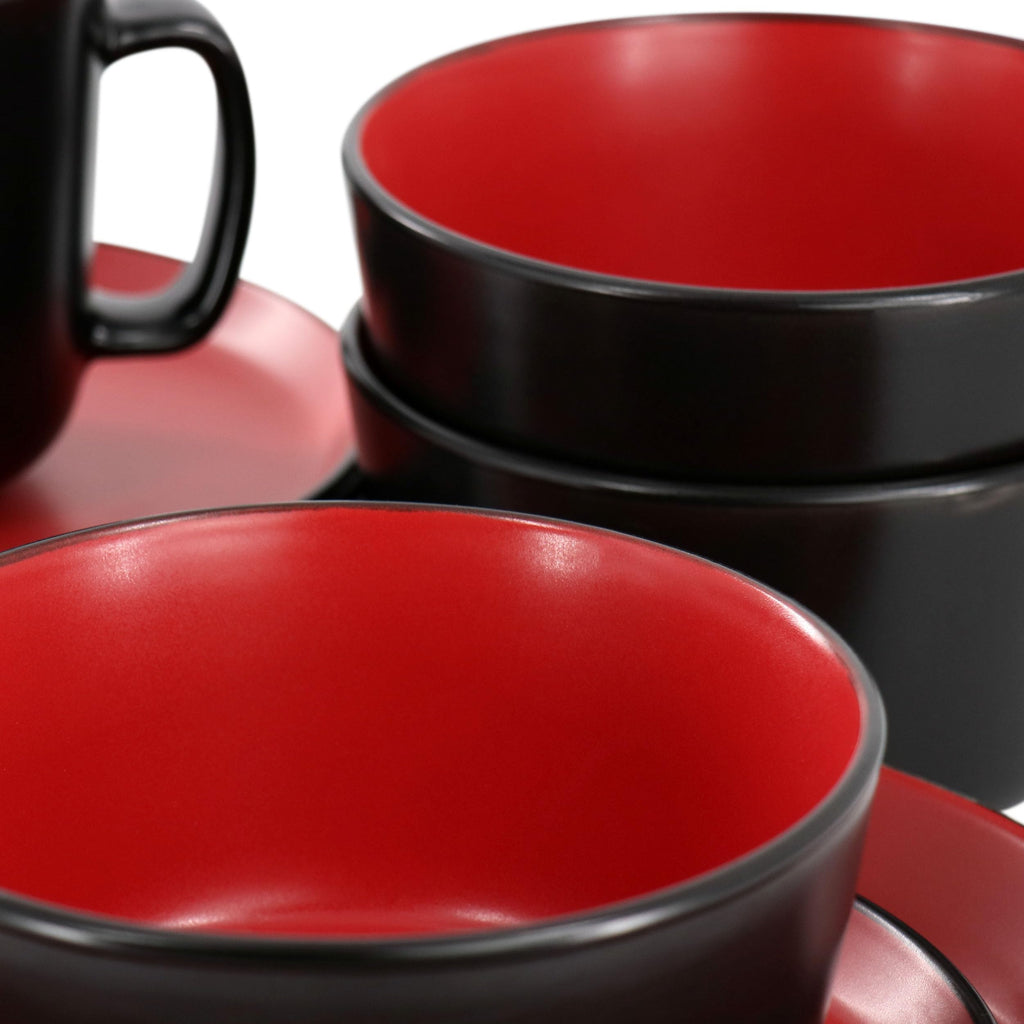 Elama Bacarra 16-Piece Stoneware Dinnerware Set – Two-Tone Matte Black & Red (Service for 4)