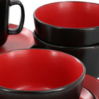 Elama Bacarra 16-Piece Stoneware Dinnerware Set – Two-Tone Matte Black & Red (Service for 4)