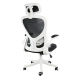 Elama white and black ergonomic mesh office chair, back three-quarter view showing the white frame and lumbar support