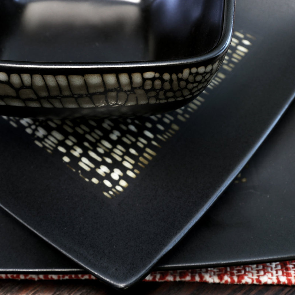 Elama Naina 16-Piece Double Bowl Stoneware Dinnerware Set – Modern Square Plates & Bowls, High-Gloss / Matte Finish (Service for 4)