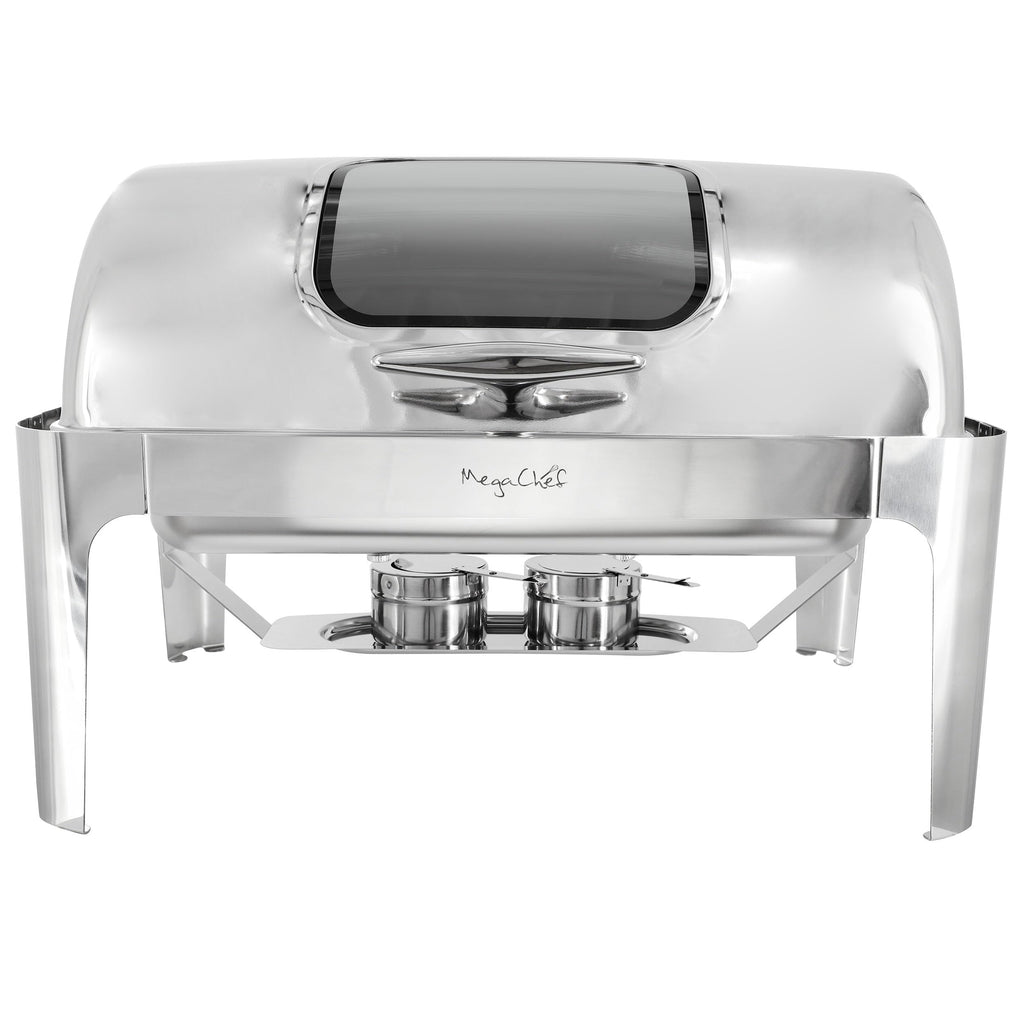 MegaChef 9.5-Quart Oblong Roll-Top Stainless Steel Chafing Dish – Catering Buffet Server with View Window for Parties & Events