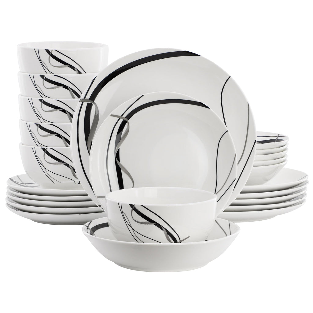 Elama Sarah 24-Piece Porcelain Black Ribbon Double Bowl Dinnerware Set – White & Black | Service for 6