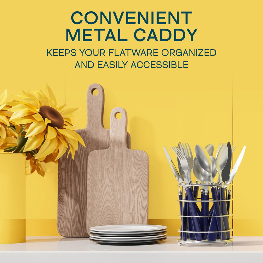 Flatware caddy holding cobalt blue handle silverware on a kitchen counter