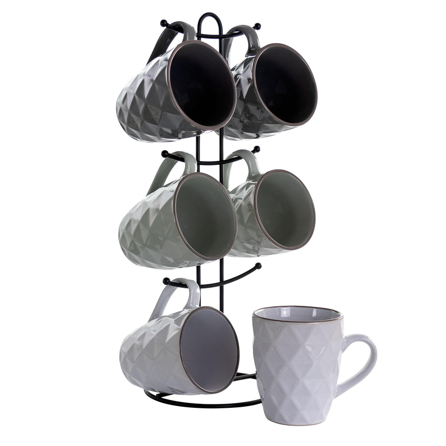 Elama Diamond Waves 6 Piece 12 oz Stoneware Mug Set with Stand, Assorted Grey