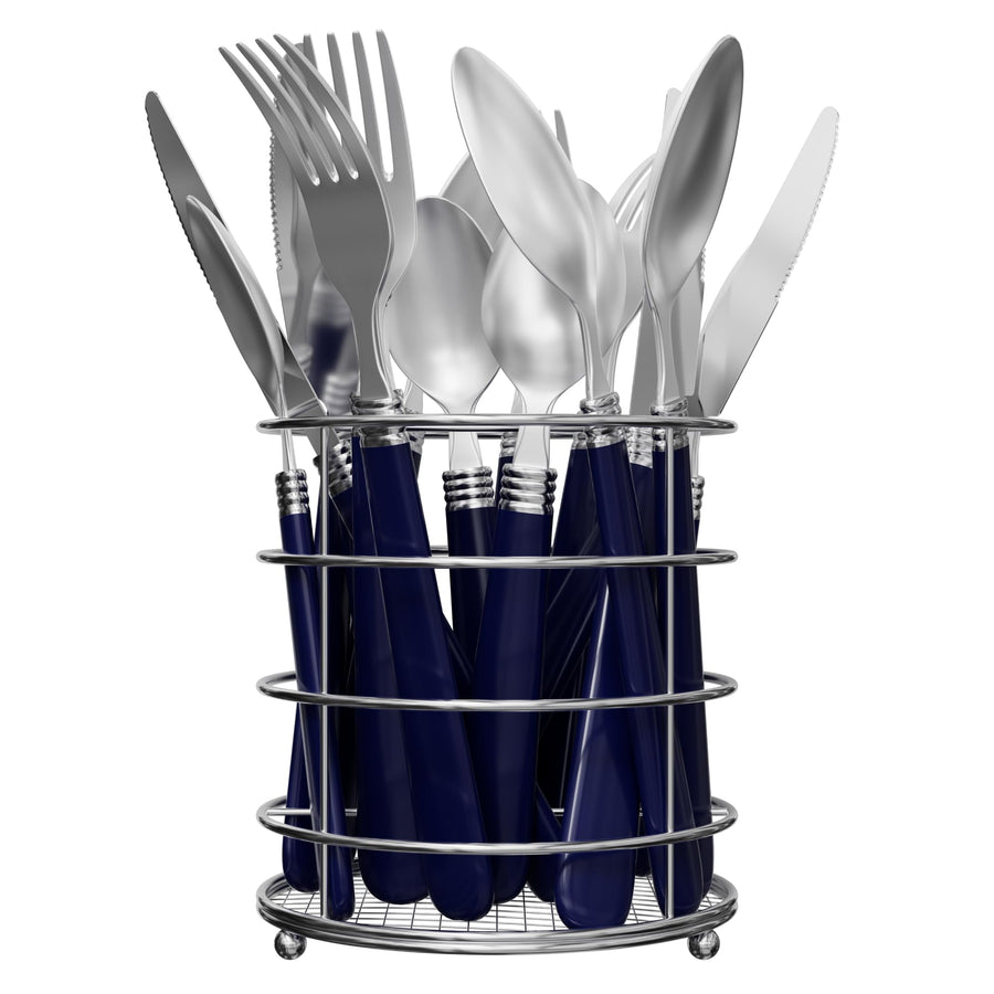 Gibson Home Sensations II 16 piece flatware set with cobalt blue handles in a wire caddy