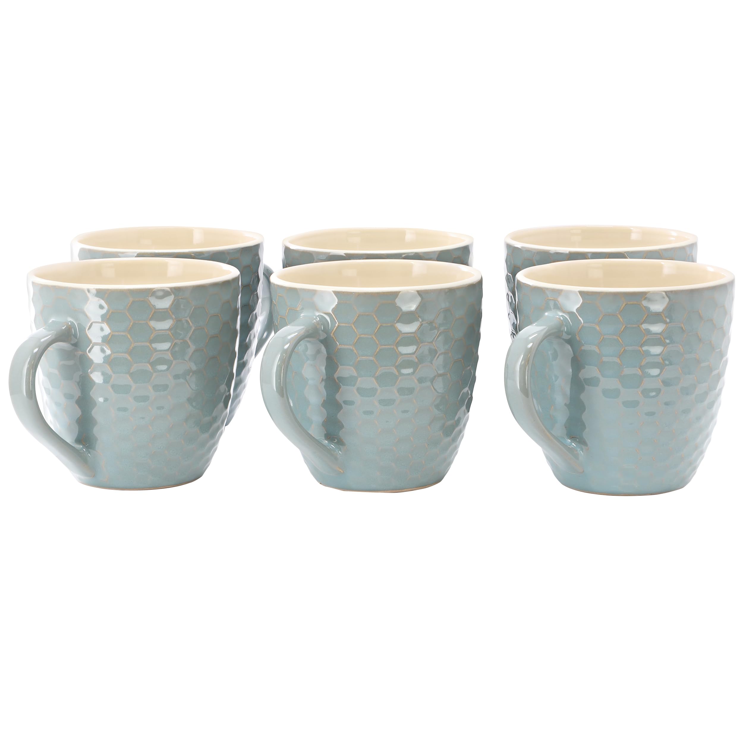 Elama Honeycomb 6-Piece 15 oz Stoneware Mug Set - Assorted White, Purple & Taupe with Embossed Honeycomb Texture