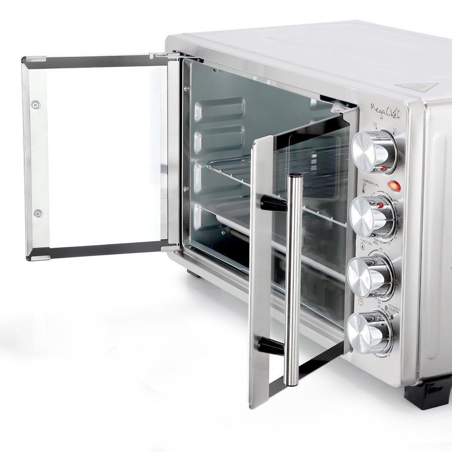 MegaChef French door toaster oven with both glass doors open, showing the interior rack slots and stainless handle