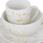 Elama Fine Marble 16-Piece Stoneware Dinnerware Set – Gold & White Marble Pattern with Glossy Glaze, 4 Plates, 4 Salad Plates, 4 Bowls & 4 Mugs (Service for 4)