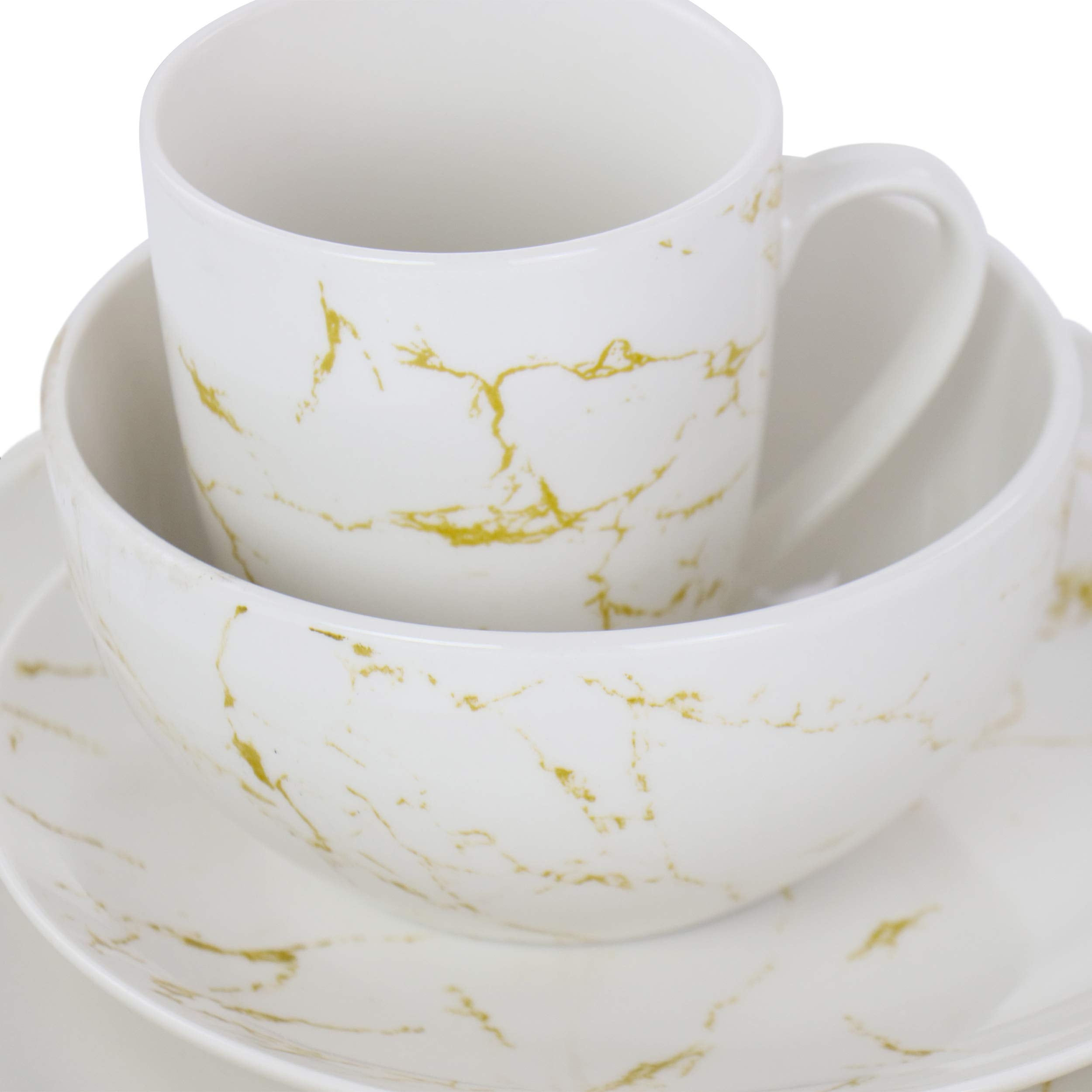 Elama Fine Marble 16-Piece Stoneware Dinnerware Set – Gold & White Marble Pattern with Glossy Glaze, 4 Plates, 4 Salad Plates, 4 Bowls & 4 Mugs (Service for 4)