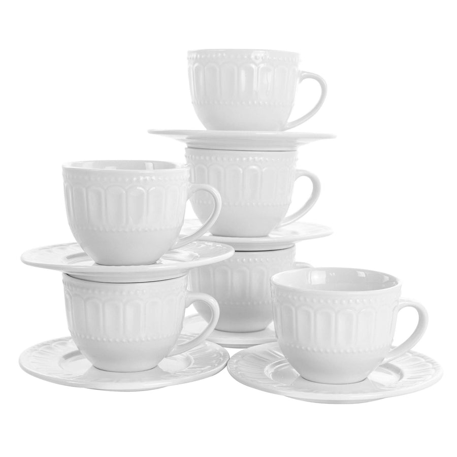 Elama Charlotte 6-piece white porcelain cup and saucer set, 3 cups and 3 saucers