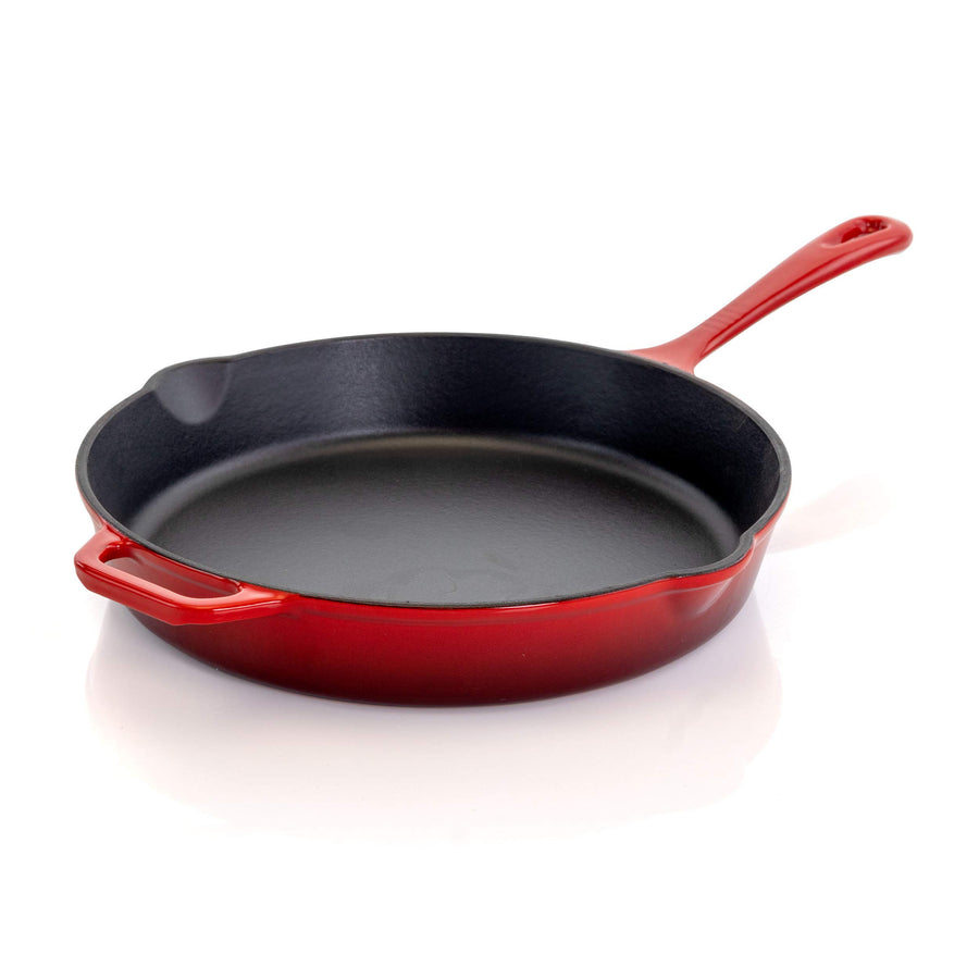 MegaChef MG-FR26AR 10.25 in Enameled Cast Iron Skillet, Gradient Red, Enamel Interior, Dual Pour Spouts, Oven Safe to 450°F