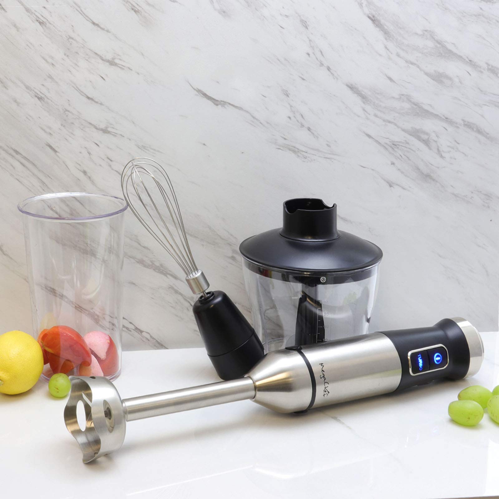MegaChef MC-158C 4-in-1 Immersion Hand Blender with Speed Control, Silver