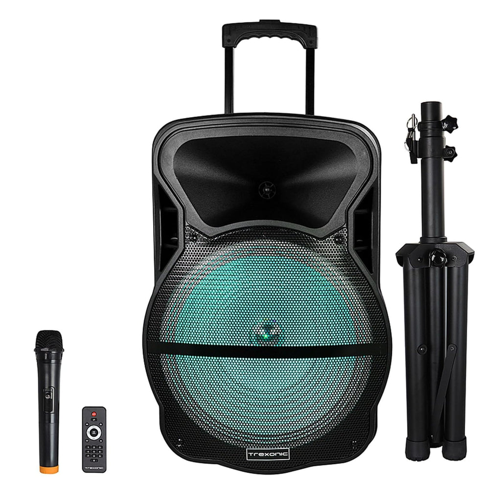 Trexonic TRX-15D 15" Bluetooth Party Speaker with Tripod Stand – Reactive LED Lights, Wireless Mic, FM Radio